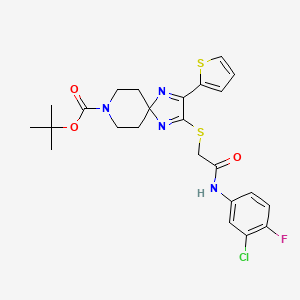 molecular formula C24H26ClFN4O3S2 B2569068 Tert-butyl 2-((2-((3-chloro-4-fluorophenyl)amino)-2-oxoethyl)thio)-3-(thiophen-2-yl)-1,4,8-triazaspiro[4.5]deca-1,3-diene-8-carboxylate CAS No. 1019186-87-8