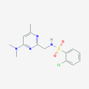 molecular formula C14H17ClN4O2S B2569086 2-chloro-N-((4-(dimethylamino)-6-methylpyrimidin-2-yl)methyl)benzenesulfonamide CAS No. 1797811-81-4