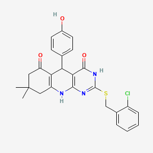 molecular formula C26H24ClN3O3S B2569094 2-((2-chlorobenzyl)thio)-5-(4-hydroxyphenyl)-8,8-dimethyl-7,8,9,10-tetrahydropyrimido[4,5-b]quinoline-4,6(3H,5H)-dione CAS No. 537045-28-6