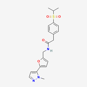 molecular formula C20H23N3O4S B2569107 N-[[5-(2-Methylpyrazol-3-yl)furan-2-yl]methyl]-2-(4-propan-2-ylsulfonylphenyl)acetamide CAS No. 2415582-33-9