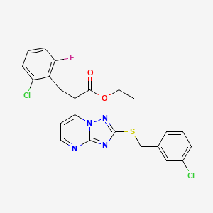 molecular formula C23H19Cl2FN4O2S B2569142 Ethyl 2-{2-[(3-chlorobenzyl)sulfanyl][1,2,4]triazolo[1,5-a]pyrimidin-7-yl}-3-(2-chloro-6-fluorophenyl)propanoate CAS No. 477860-57-4