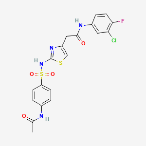 molecular formula C19H16ClFN4O4S2 B2569151 2-[2-({[4-(acetylamino)phenyl]sulfonyl}amino)-1,3-thiazol-4-yl]-N-(3-chloro-4-fluorophenyl)acetamide CAS No. 922073-65-2