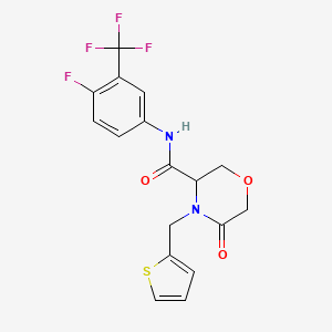 molecular formula C17H14F4N2O3S B2569174 N-(4-fluoro-3-(trifluoromethyl)phenyl)-5-oxo-4-(thiophen-2-ylmethyl)morpholine-3-carboxamide CAS No. 1421443-48-2