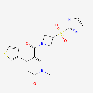 molecular formula C18H18N4O4S2 B2569179 1-methyl-5-(3-((1-methyl-1H-imidazol-2-yl)sulfonyl)azetidine-1-carbonyl)-4-(thiophen-3-yl)pyridin-2(1H)-one CAS No. 2034261-74-8