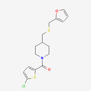 molecular formula C16H18ClNO2S2 B2569199 (5-Chlorothiophen-2-yl)(4-(((furan-2-ylmethyl)thio)methyl)piperidin-1-yl)methanone CAS No. 1396848-45-5