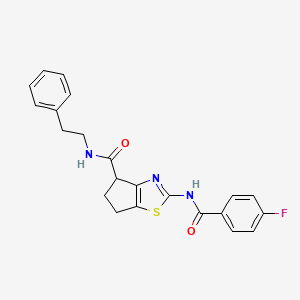 molecular formula C22H20FN3O2S B2569229 2-(4-fluorobenzamido)-N-phenethyl-5,6-dihydro-4H-cyclopenta[d]thiazole-4-carboxamide CAS No. 941880-02-0