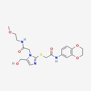 molecular formula C19H24N4O6S B2569238 N-(2,3-dihydrobenzo[b][1,4]dioxin-6-yl)-2-((5-(hydroxymethyl)-1-(2-((2-methoxyethyl)amino)-2-oxoethyl)-1H-imidazol-2-yl)thio)acetamide CAS No. 921525-82-8