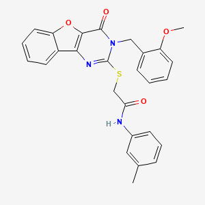 2-({5-[(2-methoxyphenyl)methyl]-6-oxo-8-oxa-3,5-diazatricyclo[7.4.0.0^{2,7}]trideca-1(9),2(7),3,10,12-pentaen-4-yl}sulfanyl)-N-(3-methylphenyl)acetamide