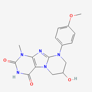 molecular formula C16H17N5O4 B2569334 7-hydroxy-9-(4-methoxyphenyl)-1-methyl-6,7,8,9-tetrahydropyrimido[2,1-f]purine-2,4(1H,3H)-dione CAS No. 77351-06-5