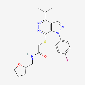 molecular formula C21H24FN5O2S B2569337 2-((1-(4-fluorophenyl)-4-isopropyl-1H-pyrazolo[3,4-d]pyridazin-7-yl)thio)-N-((tetrahydrofuran-2-yl)methyl)acetamide CAS No. 1105202-96-7