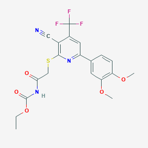 molecular formula C20H18F3N3O5S B2569408 ethyl N-(2-{[3-cyano-6-(3,4-dimethoxyphenyl)-4-(trifluoromethyl)-2-pyridinyl]sulfanyl}acetyl)carbamate CAS No. 939893-62-6