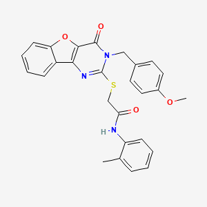 2-({5-[(4-methoxyphenyl)methyl]-6-oxo-8-oxa-3,5-diazatricyclo[7.4.0.0^{2,7}]trideca-1(9),2(7),3,10,12-pentaen-4-yl}sulfanyl)-N-(2-methylphenyl)acetamide