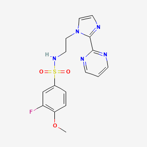 molecular formula C16H16FN5O3S B2569466 3-氟-4-甲氧基-N-(2-(2-(嘧啶-2-基)-1H-咪唑-1-基)乙基)苯磺酰胺 CAS No. 1797329-40-8