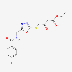 molecular formula C16H16FN3O5S B2569529 Ethyl 4-((5-((4-fluorobenzamido)methyl)-1,3,4-oxadiazol-2-yl)thio)-3-oxobutanoate CAS No. 921065-61-4
