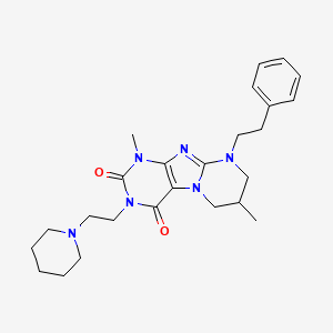 molecular formula C25H34N6O2 B2569555 1,7-dimethyl-9-(2-phenylethyl)-3-(2-piperidin-1-ylethyl)-6,7,8,9-tetrahydropyrimido[2,1-f]purine-2,4(1H,3H)-dione CAS No. 922455-02-5