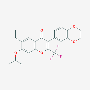 molecular formula C23H21F3O5 B2569651 3-(2,3-dihydro-1,4-benzodioxin-6-yl)-6-ethyl-7-(propan-2-yloxy)-2-(trifluoromethyl)-4H-chromen-4-one CAS No. 202843-24-1