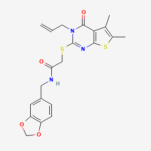 molecular formula C21H21N3O4S2 B2569676 2-((3-allyl-5,6-dimethyl-4-oxo-3,4-dihydrothieno[2,3-d]pyrimidin-2-yl)thio)-N-(benzo[d][1,3]dioxol-5-ylmethyl)acetamide CAS No. 690644-78-1