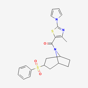 molecular formula C22H23N3O3S2 B2569700 (4-methyl-2-(1H-pyrrol-1-yl)thiazol-5-yl)((1R,5S)-3-(phenylsulfonyl)-8-azabicyclo[3.2.1]octan-8-yl)methanone CAS No. 1797341-80-0