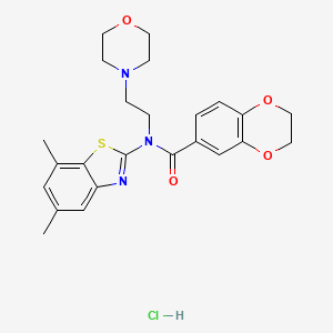 molecular formula C24H28ClN3O4S B2569708 N-(5,7-dimethylbenzo[d]thiazol-2-yl)-N-(2-morpholinoethyl)-2,3-dihydrobenzo[b][1,4]dioxine-6-carboxamide hydrochloride CAS No. 1215523-78-6