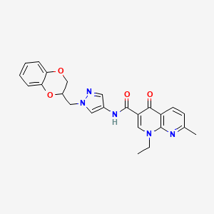 molecular formula C24H23N5O4 B2569709 N-(1-((2,3-二氢苯并[b][1,4]二噁英-2-基)甲基)-1H-吡唑-4-基)-1-乙基-7-甲基-4-氧代-1,4-二氢-1,8-萘啶-3-甲酰胺 CAS No. 1706078-00-3