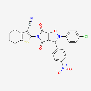molecular formula C26H19ClN4O5S B2569735 2-(2-(4-chlorophenyl)-3-(4-nitrophenyl)-4,6-dioxotetrahydro-2H-pyrrolo[3,4-d]isoxazol-5(3H)-yl)-4,5,6,7-tetrahydrobenzo[b]thiophene-3-carbonitrile CAS No. 1005089-74-6