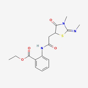 molecular formula C16H19N3O4S B2569763 2-[[2-(3-Methyl-2-methylimino-4-oxo-5-thiazolidinyl)-1-oxoethyl]amino]benzoic acid ethyl ester CAS No. 1164530-49-7
