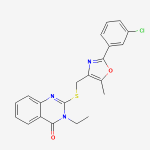 molecular formula C21H18ClN3O2S B2569793 2-(((2-(3-chlorophenyl)-5-methyloxazol-4-yl)methyl)thio)-3-ethylquinazolin-4(3H)-one CAS No. 1114654-46-4