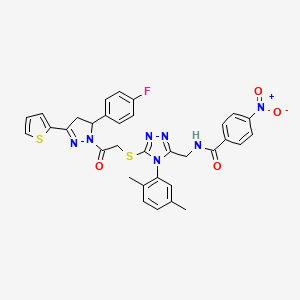 molecular formula C33H28FN7O4S2 B2569870 N-[[4-(2,5-dimethylphenyl)-5-[2-[3-(4-fluorophenyl)-5-thiophen-2-yl-3,4-dihydropyrazol-2-yl]-2-oxoethyl]sulfanyl-1,2,4-triazol-3-yl]methyl]-4-nitrobenzamide CAS No. 393583-04-5