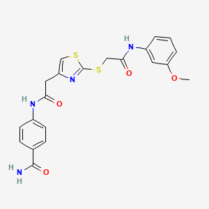 molecular formula C21H20N4O4S2 B2569875 4-(2-(2-((2-((3-Methoxyphenyl)amino)-2-oxoethyl)thio)thiazol-4-yl)acetamido)benzamide CAS No. 942000-36-4