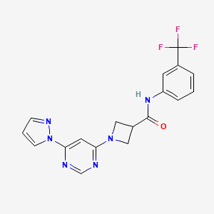 molecular formula C18H15F3N6O B2569921 1-(6-(1H-pyrazol-1-yl)pyrimidin-4-yl)-N-(3-(trifluoromethyl)phenyl)azetidine-3-carboxamide CAS No. 2034280-91-4