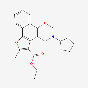 molecular formula C23H25NO4 B2569940 ethyl 9-cyclopentyl-4-methyl-3,11-dioxa-9-azatetracyclo[11.4.0.02,6.07,12]heptadeca-1(17),2(6),4,7(12),13,15-hexaene-5-carboxylate CAS No. 438486-08-9