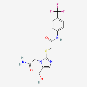 molecular formula C15H15F3N4O3S B2569982 2-((1-(2-氨基-2-氧代乙基)-5-(羟甲基)-1H-咪唑-2-基)硫代)-N-(4-(三氟甲基)苯基)乙酰胺 CAS No. 921821-74-1
