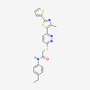 molecular formula C22H20N4OS3 B2569988 N-(4-ethylphenyl)-2-((6-(4-methyl-2-(thiophen-2-yl)thiazol-5-yl)pyridazin-3-yl)thio)acetamide CAS No. 946237-24-7