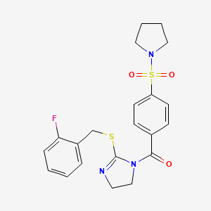 molecular formula C21H22FN3O3S2 B2570017 [2-[(2-Fluorophenyl)methylsulfanyl]-4,5-dihydroimidazol-1-yl]-(4-pyrrolidin-1-ylsulfonylphenyl)methanone CAS No. 851807-21-1