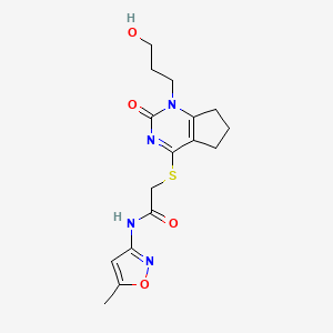 molecular formula C16H20N4O4S B2570029 2-((1-(3-hydroxypropyl)-2-oxo-2,5,6,7-tetrahydro-1H-cyclopenta[d]pyrimidin-4-yl)thio)-N-(5-methylisoxazol-3-yl)acetamide CAS No. 899977-46-9
