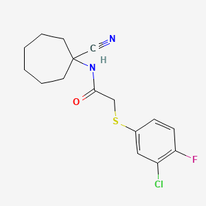molecular formula C16H18ClFN2OS B2570135 2-[(3-chloro-4-fluorophenyl)sulfanyl]-N-(1-cyanocycloheptyl)acetamide CAS No. 1209267-36-6