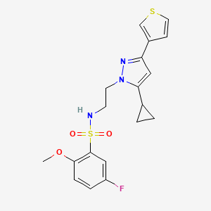 molecular formula C19H20FN3O3S2 B2570155 N-(2-(5-cyclopropyl-3-(thiophen-3-yl)-1H-pyrazol-1-yl)ethyl)-5-fluoro-2-methoxybenzenesulfonamide CAS No. 2034281-65-5
