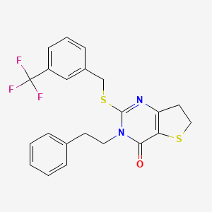 molecular formula C22H19F3N2OS2 B2570168 3-phenethyl-2-((3-(trifluoromethyl)benzyl)thio)-6,7-dihydrothieno[3,2-d]pyrimidin-4(3H)-one CAS No. 877652-96-5