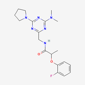 molecular formula C19H25FN6O2 B2570215 N-((4-(dimethylamino)-6-(pyrrolidin-1-yl)-1,3,5-triazin-2-yl)methyl)-2-(2-fluorophenoxy)propanamide CAS No. 2034541-41-6