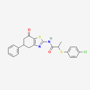 molecular formula C22H19ClN2O2S2 B2570256 2-(4-chlorophenyl)sulfanyl-N-(7-oxo-5-phenyl-5,6-dihydro-4H-1,3-benzothiazol-2-yl)propanamide CAS No. 1022134-11-7