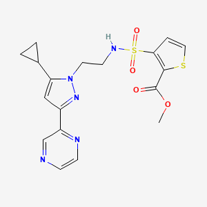 molecular formula C18H19N5O4S2 B2570307 3-(N-(2-(5-环丙基-3-(吡嗪-2-基)-1H-吡唑-1-基)乙基)磺酰胺基)噻吩-2-羧酸甲酯 CAS No. 2034372-91-1