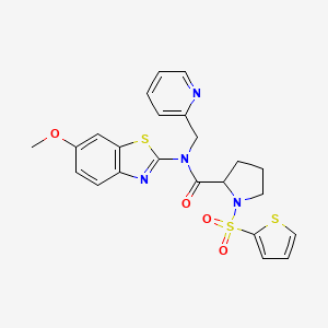 molecular formula C23H22N4O4S3 B2570332 N-(6-methoxybenzo[d]thiazol-2-yl)-N-(pyridin-2-ylmethyl)-1-(thiophen-2-ylsulfonyl)pyrrolidine-2-carboxamide CAS No. 1097833-42-5