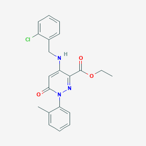 molecular formula C21H20ClN3O3 B2570343 Ethyl 4-((2-chlorobenzyl)amino)-6-oxo-1-(o-tolyl)-1,6-dihydropyridazine-3-carboxylate CAS No. 922015-23-4