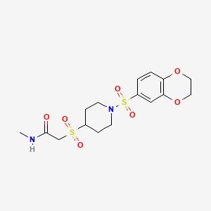 molecular formula C16H22N2O7S2 B2570396 2-((1-((2,3-二氢苯并[b][1,4]二氧杂环-6-基)磺酰基)哌啶-4-基)磺酰基)-N-甲基乙酰胺 CAS No. 1798677-46-9