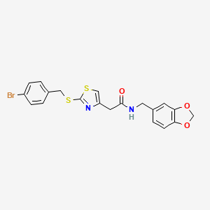 molecular formula C20H17BrN2O3S2 B2570431 N-(benzo[d][1,3]dioxol-5-ylmethyl)-2-(2-((4-bromobenzyl)thio)thiazol-4-yl)acetamide CAS No. 954070-21-4