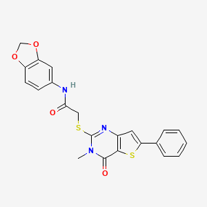 molecular formula C22H17N3O4S2 B2570498 N-(benzo[d][1,3]dioxol-5-yl)-2-((3-methyl-4-oxo-6-phenyl-3,4-dihydrothieno[3,2-d]pyrimidin-2-yl)thio)acetamide CAS No. 1105251-95-3