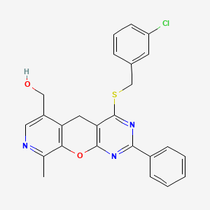 molecular formula C25H20ClN3O2S B2570523 (7-{[(3-Chlorophenyl)methyl]sulfanyl}-14-methyl-5-phenyl-2-oxa-4,6,13-triazatricyclo[8.4.0.0^{3,8}]tetradeca-1(10),3(8),4,6,11,13-hexaen-11-yl)methanol CAS No. 892416-37-4