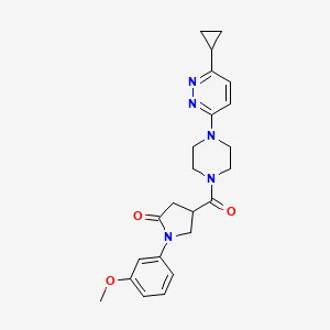 molecular formula C23H27N5O3 B2570550 4-(4-(6-Cyclopropylpyridazin-3-yl)piperazine-1-carbonyl)-1-(3-methoxyphenyl)pyrrolidin-2-one CAS No. 2034427-26-2