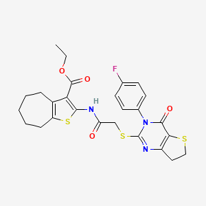 molecular formula C26H26FN3O4S3 B2570555 2-[[2-[[3-(4-氟苯基)-4-氧代-6,7-二氢噻吩并[3,2-d]嘧啶-2-基]硫代]乙酰]氨基]-5,6,7,8-四氢-4H-环庚并[b]噻吩-3-羧酸乙酯 CAS No. 850915-79-6