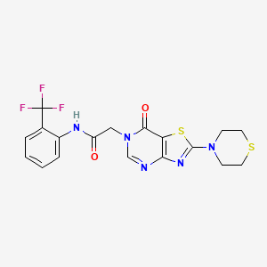 molecular formula C18H16F3N5O2S2 B2570564 2-(7-oxo-2-thiomorpholinothiazolo[4,5-d]pyrimidin-6(7H)-yl)-N-(2-(trifluoromethyl)phenyl)acetamide CAS No. 1223841-30-2